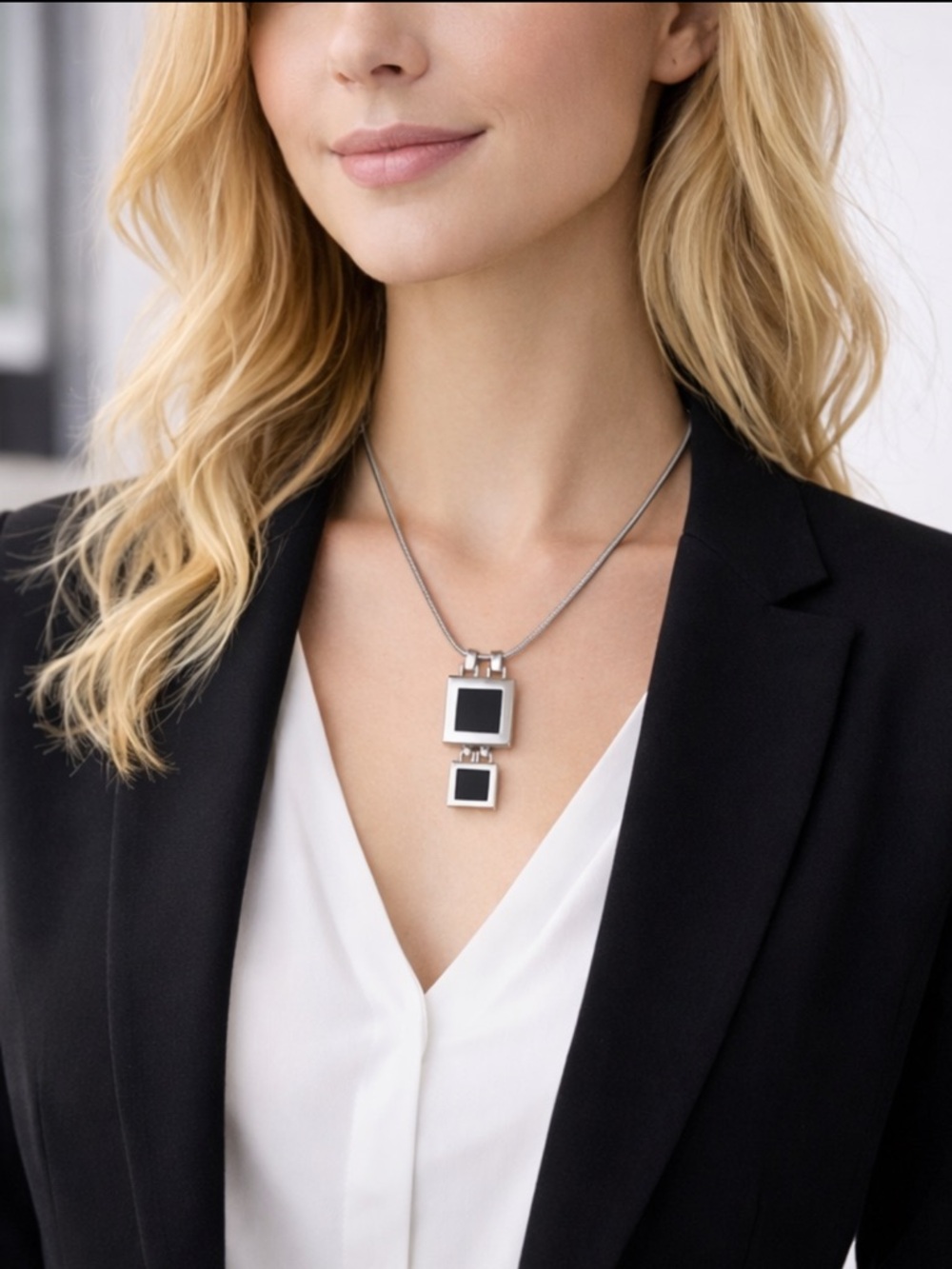 Modern Geometric Necklace 18” Black Square Pendant Silver Tone Minimalist